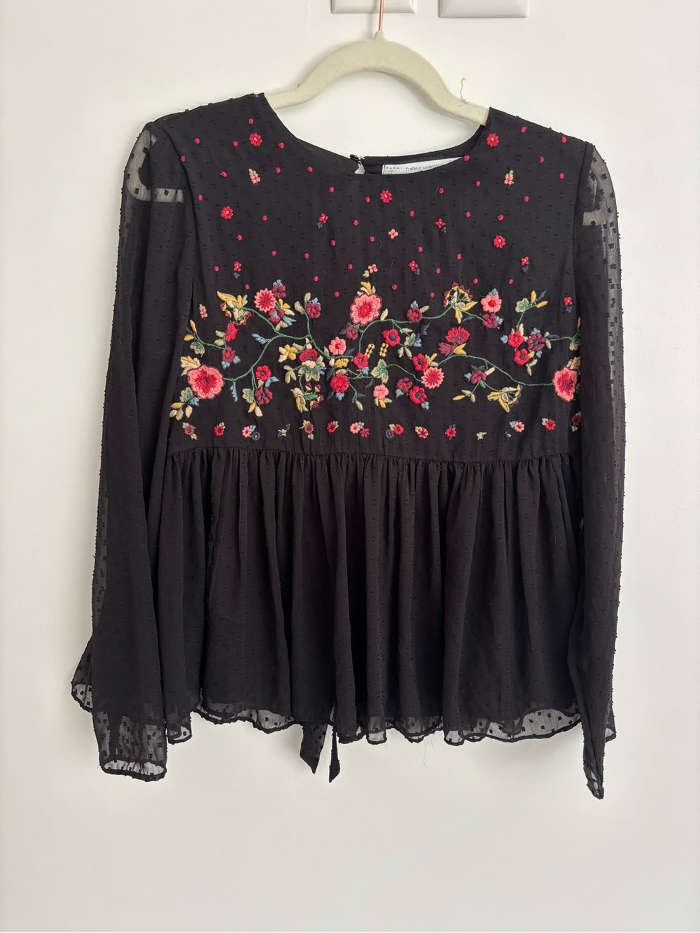 Zara Black Peasant Blouse with Multicolor Floral Embroidery